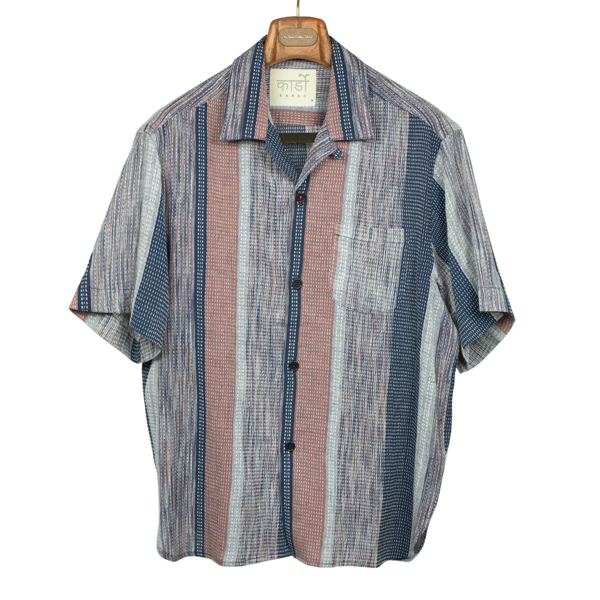 Ronen camp shirt in mauve, navy and grey block stripe rice stitched cotton