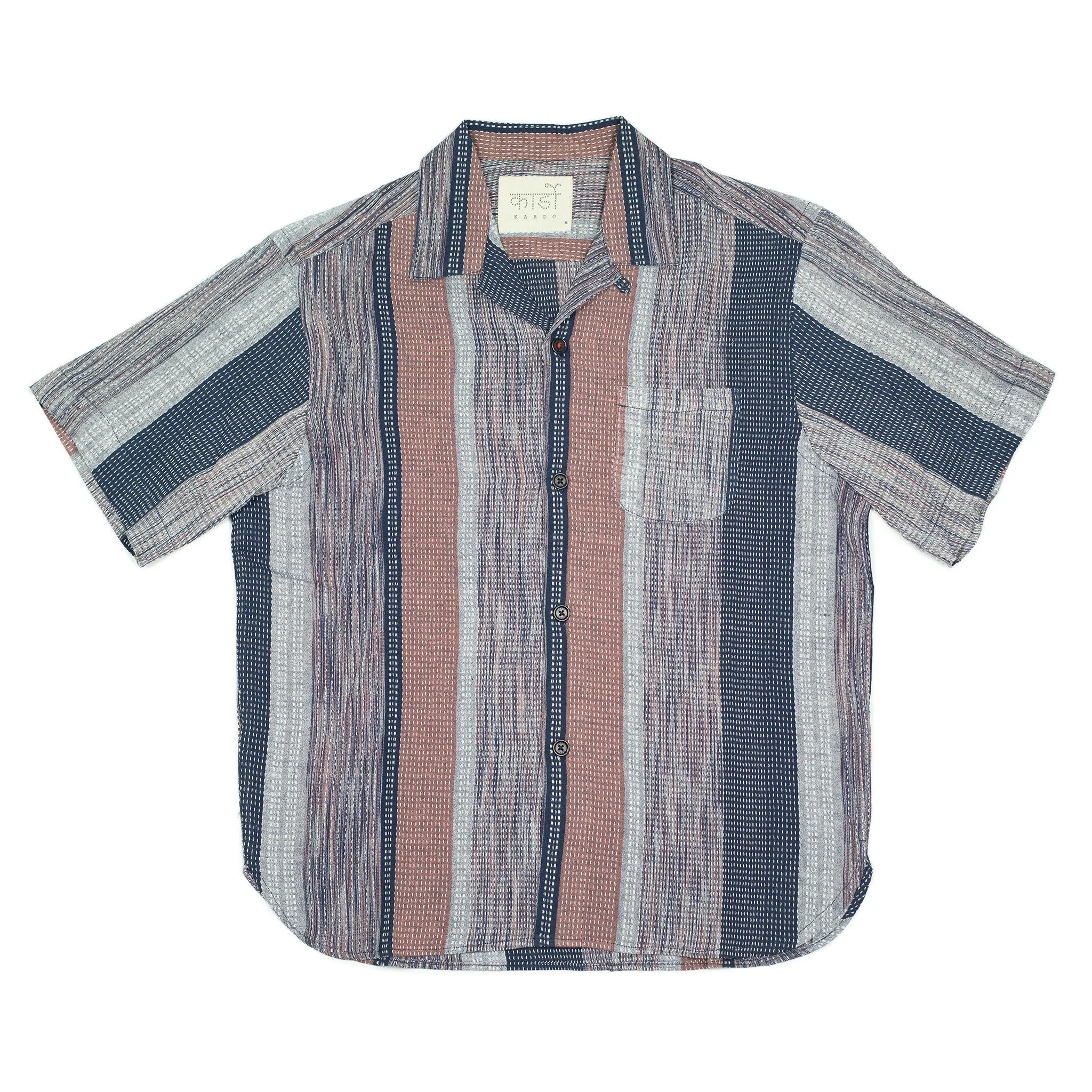 Ronen camp shirt in mauve, navy and grey block stripe rice stitched cotton