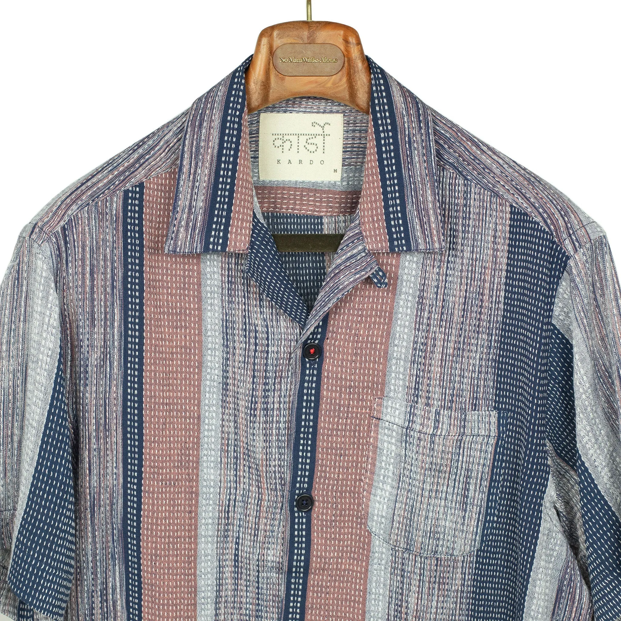 Ronen camp shirt in mauve, navy and grey block stripe rice stitched cotton