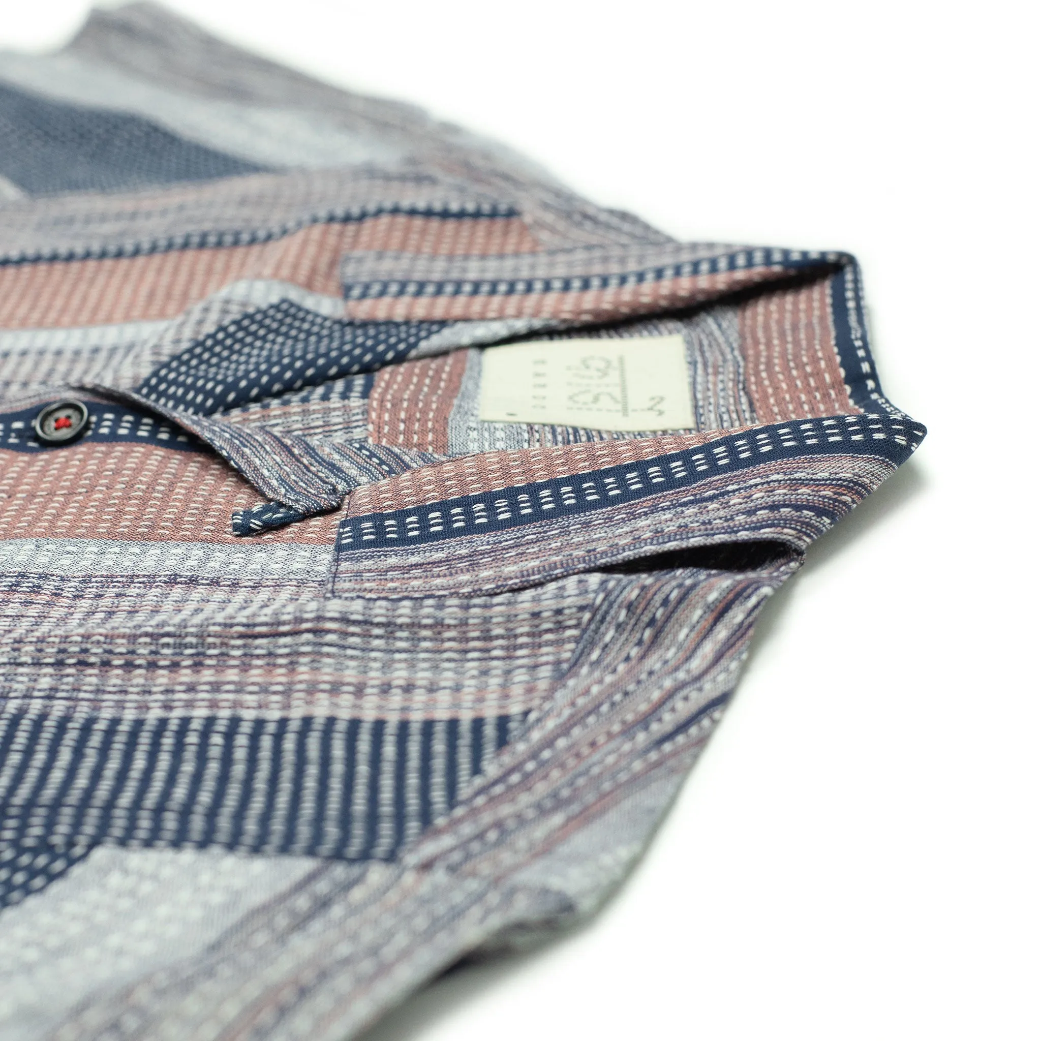 Ronen camp shirt in mauve, navy and grey block stripe rice stitched cotton