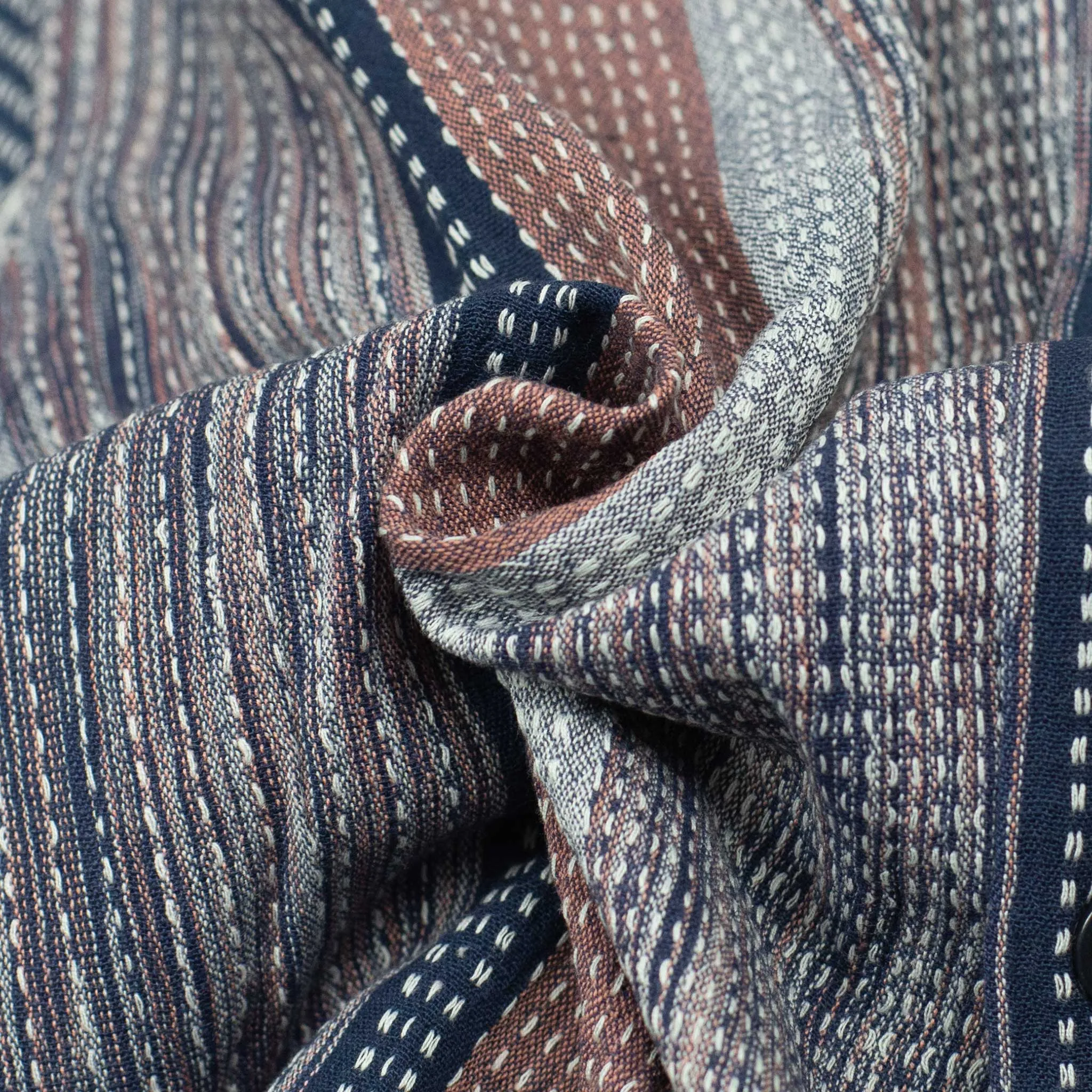 Ronen camp shirt in mauve, navy and grey block stripe rice stitched cotton