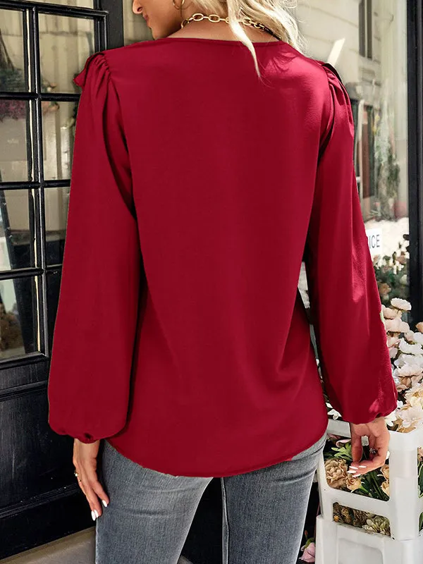 Simple Long Sleeves Loose Falbala Solid Color V-Neck Blouses&Shirts Tops