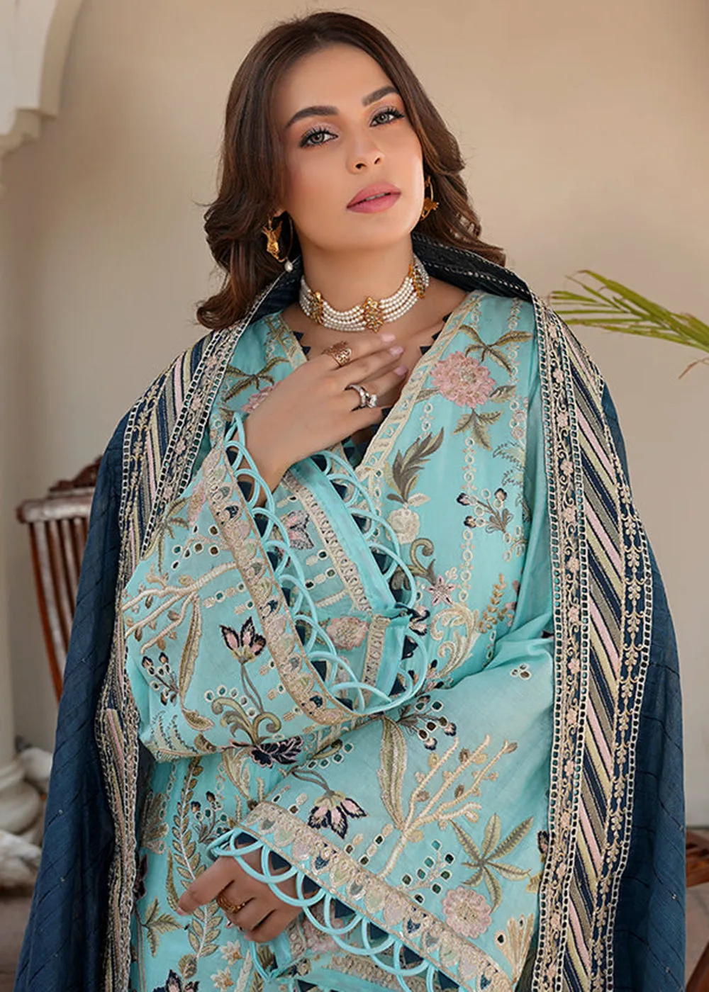 Sky Blue Lawn Dress - Bahaar Luxury Lawn '23 by Mariyam's - Caella B-1013