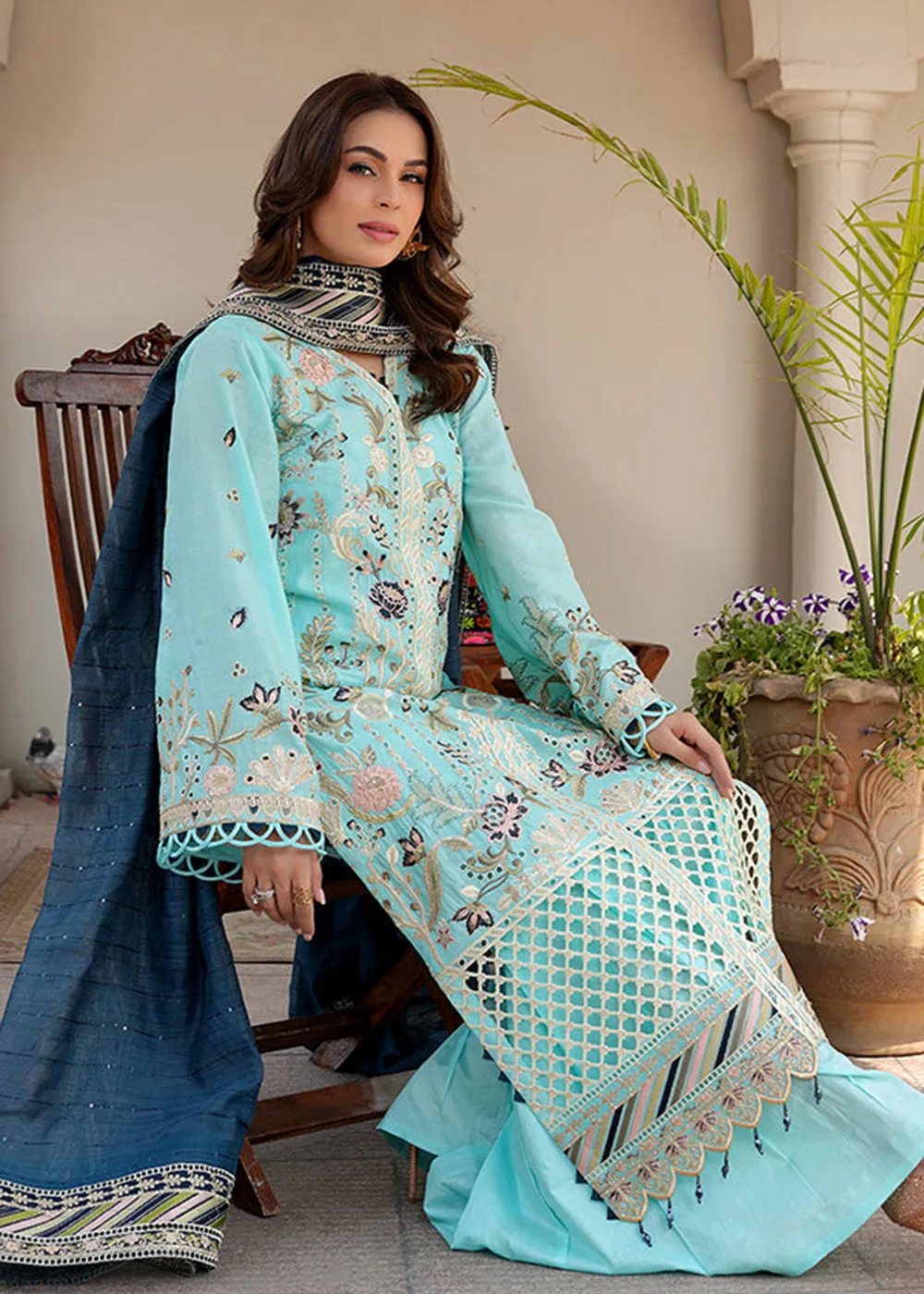 Sky Blue Lawn Dress - Bahaar Luxury Lawn '23 by Mariyam's - Caella B-1013