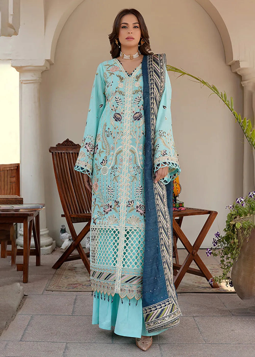 Sky Blue Lawn Dress - Bahaar Luxury Lawn '23 by Mariyam's - Caella B-1013