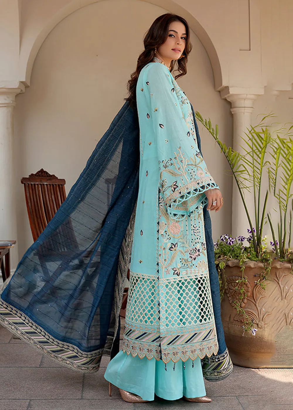 Sky Blue Lawn Dress - Bahaar Luxury Lawn '23 by Mariyam's - Caella B-1013