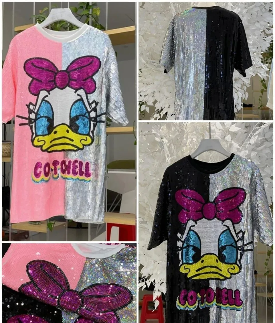 Stylish Loose Round Neck T-shirt Spring and Summer Fashion Cartoon Sequin dress