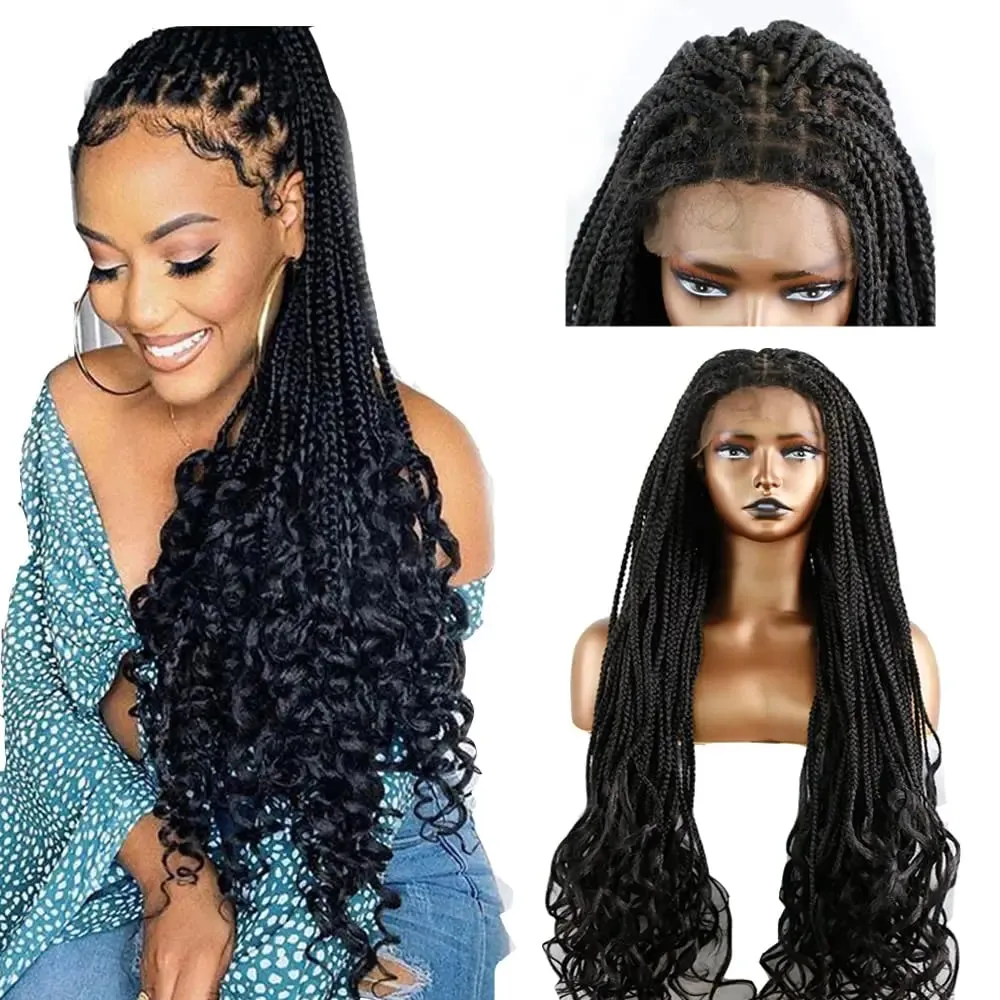 TAVIMART  -  Knotless Box Braided Wigs for Women Embroidery Full Double Lace Braids Wigs with Water Wavy Loose Curls End Long Synthetic Lace