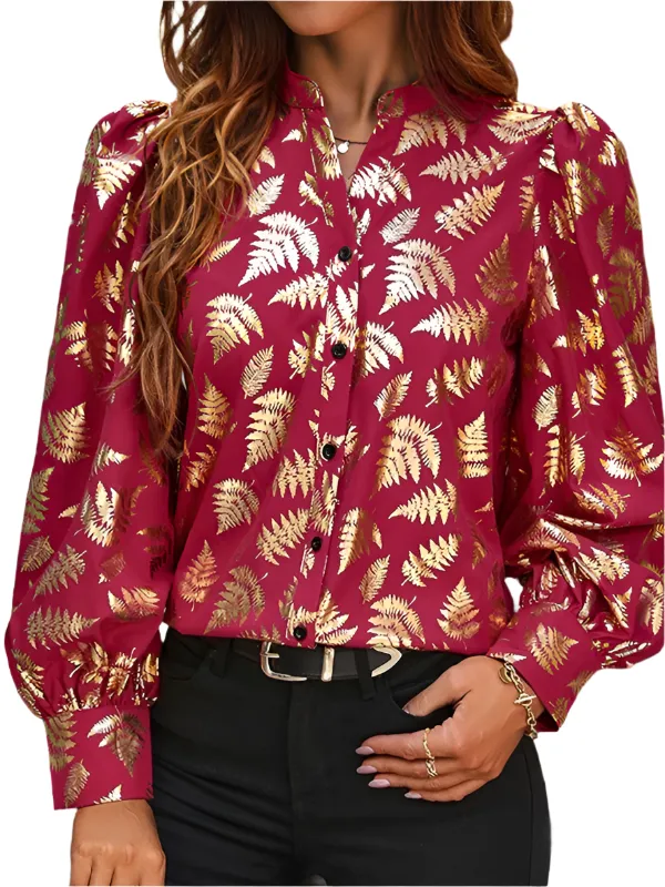 TEEK - Wine Red Shimmer Plant Buttoned Blouse