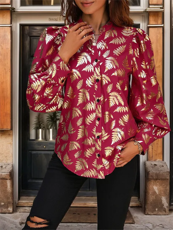 TEEK - Wine Red Shimmer Plant Buttoned Blouse