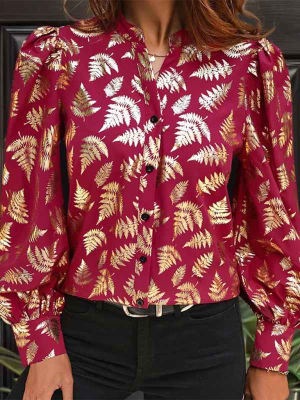 TEEK - Wine Red Shimmer Plant Buttoned Blouse