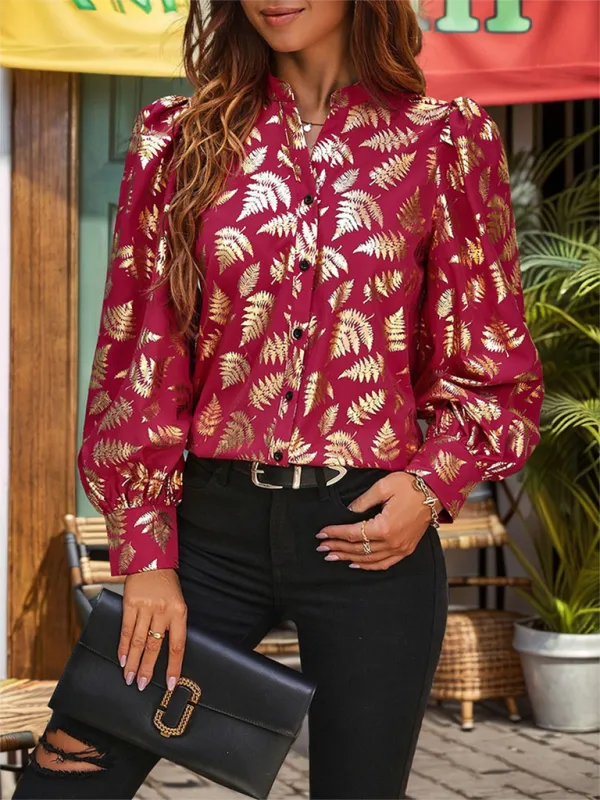 TEEK - Wine Red Shimmer Plant Buttoned Blouse