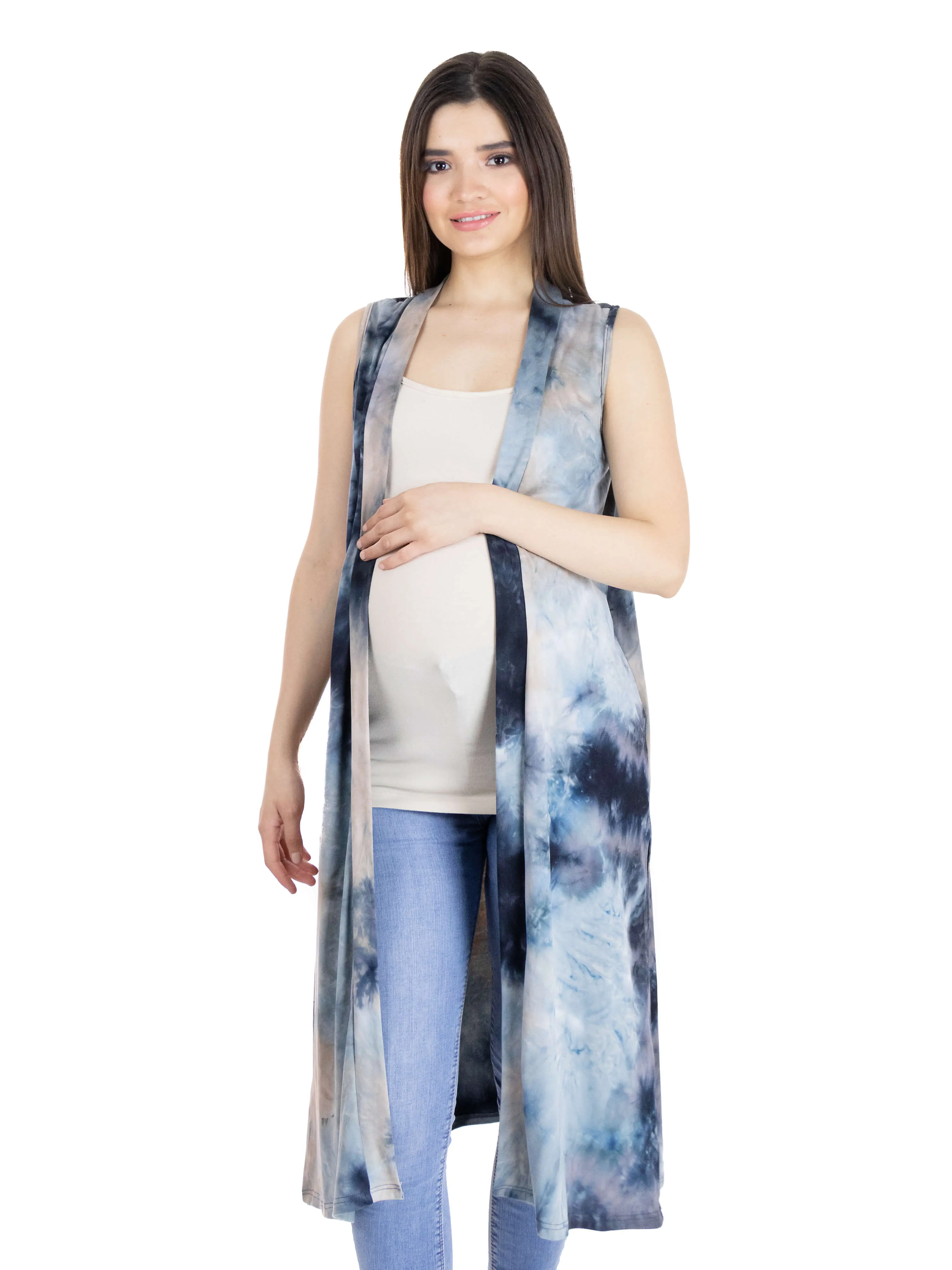 Tie Dye Sleeveless Open Front Maternity Cardigan Vest