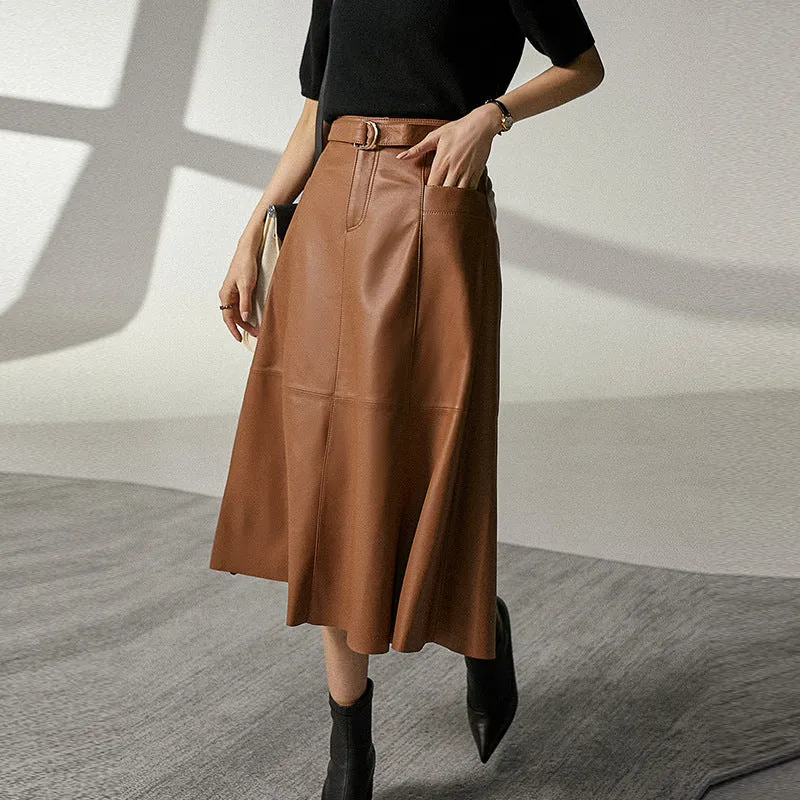 Toleet 2000s fashion Leather Skirt Women's Autumn High Waist Cover Mid-Length A- line Umbrella Skirt Slimming Draping Pu Skirt