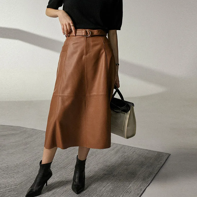 Toleet 2000s fashion Leather Skirt Women's Autumn High Waist Cover Mid-Length A- line Umbrella Skirt Slimming Draping Pu Skirt