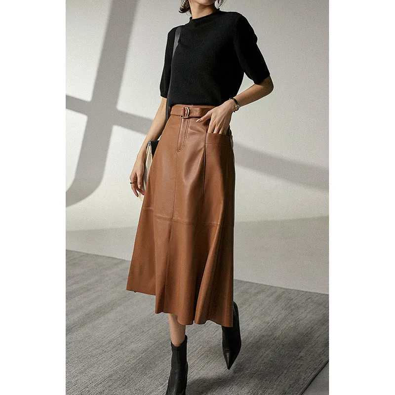 Toleet 2000s fashion Leather Skirt Women's Autumn High Waist Cover Mid-Length A- line Umbrella Skirt Slimming Draping Pu Skirt