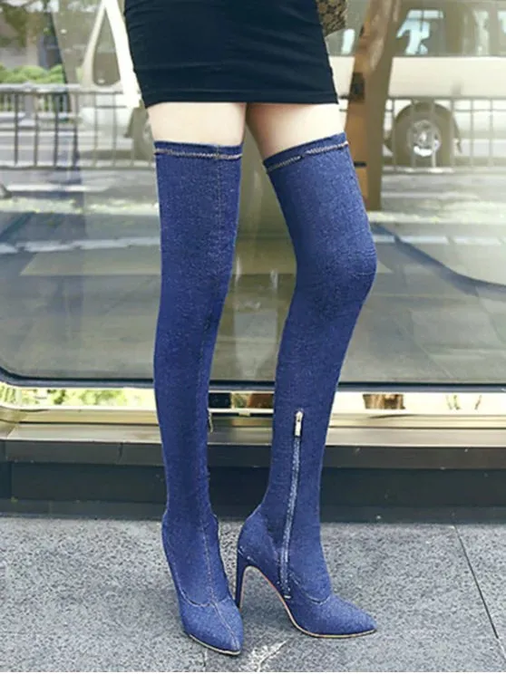 Trendy Stiletto Denim Over The Knee Boots