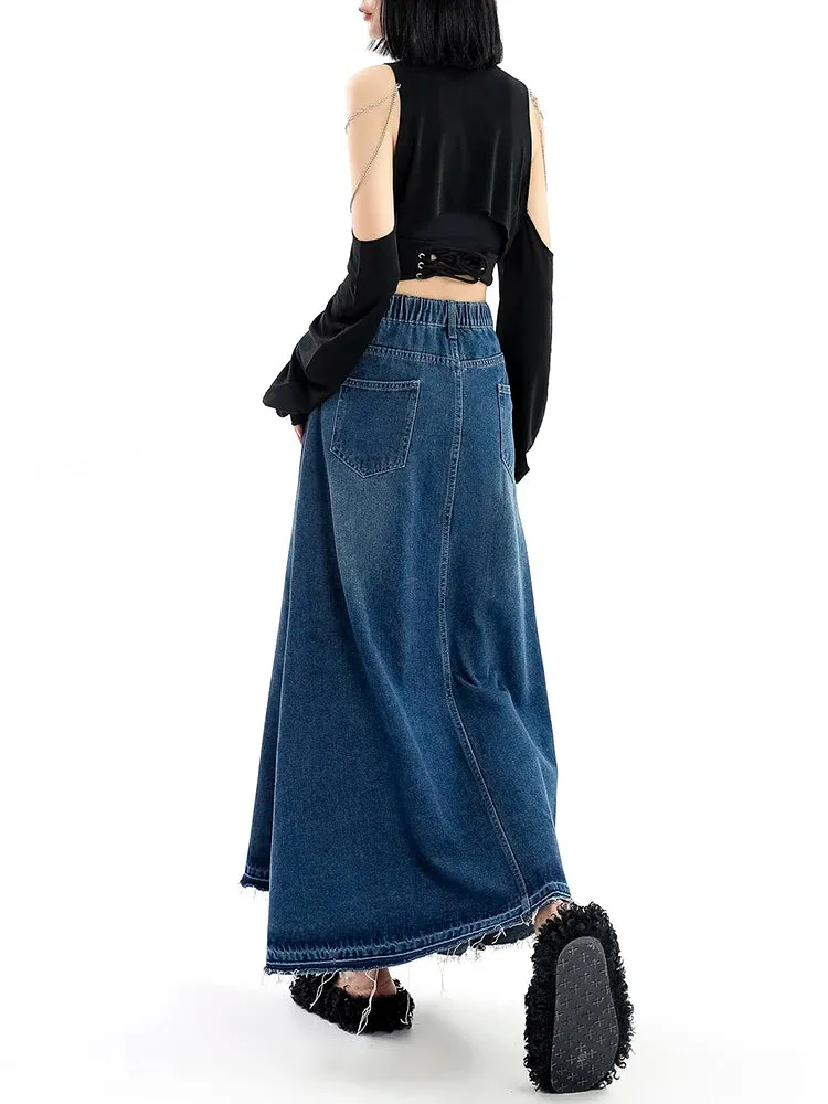 Uniwim Retro Blue Denim Fringe Slim Umbrella Half Length Skirt For Women A Line