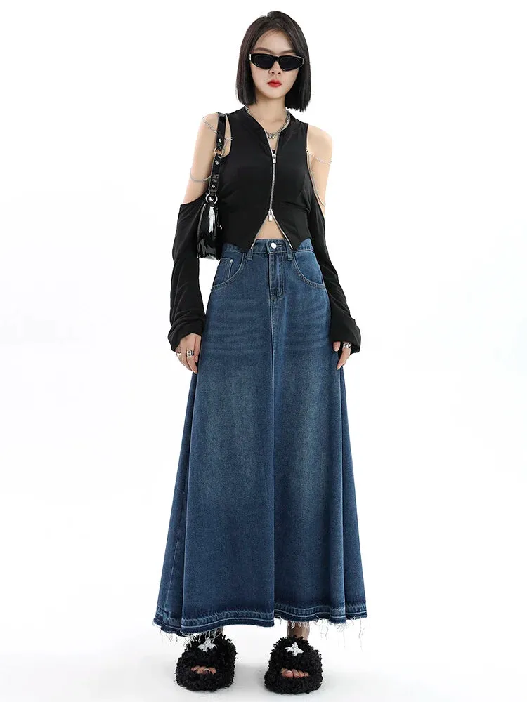 Uniwim Retro Blue Denim Fringe Slim Umbrella Half Length Skirt For Women A Line