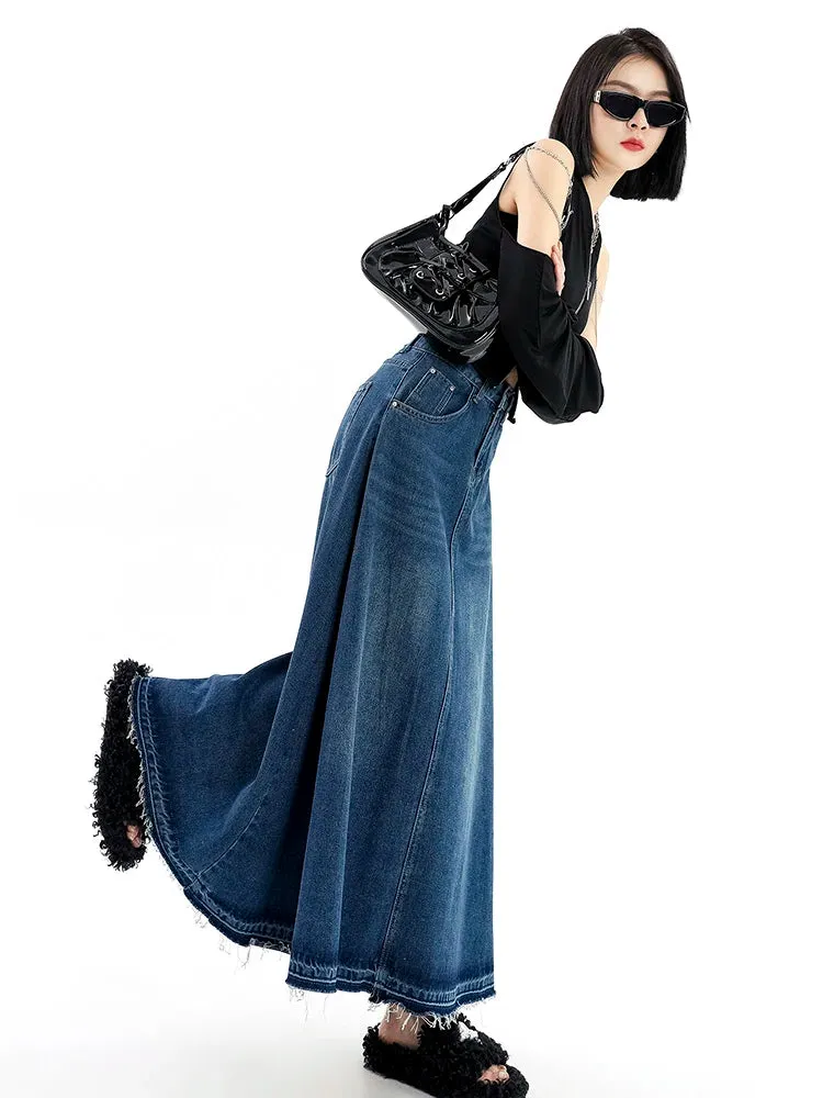 Uniwim Retro Blue Denim Fringe Slim Umbrella Half Length Skirt For Women A Line