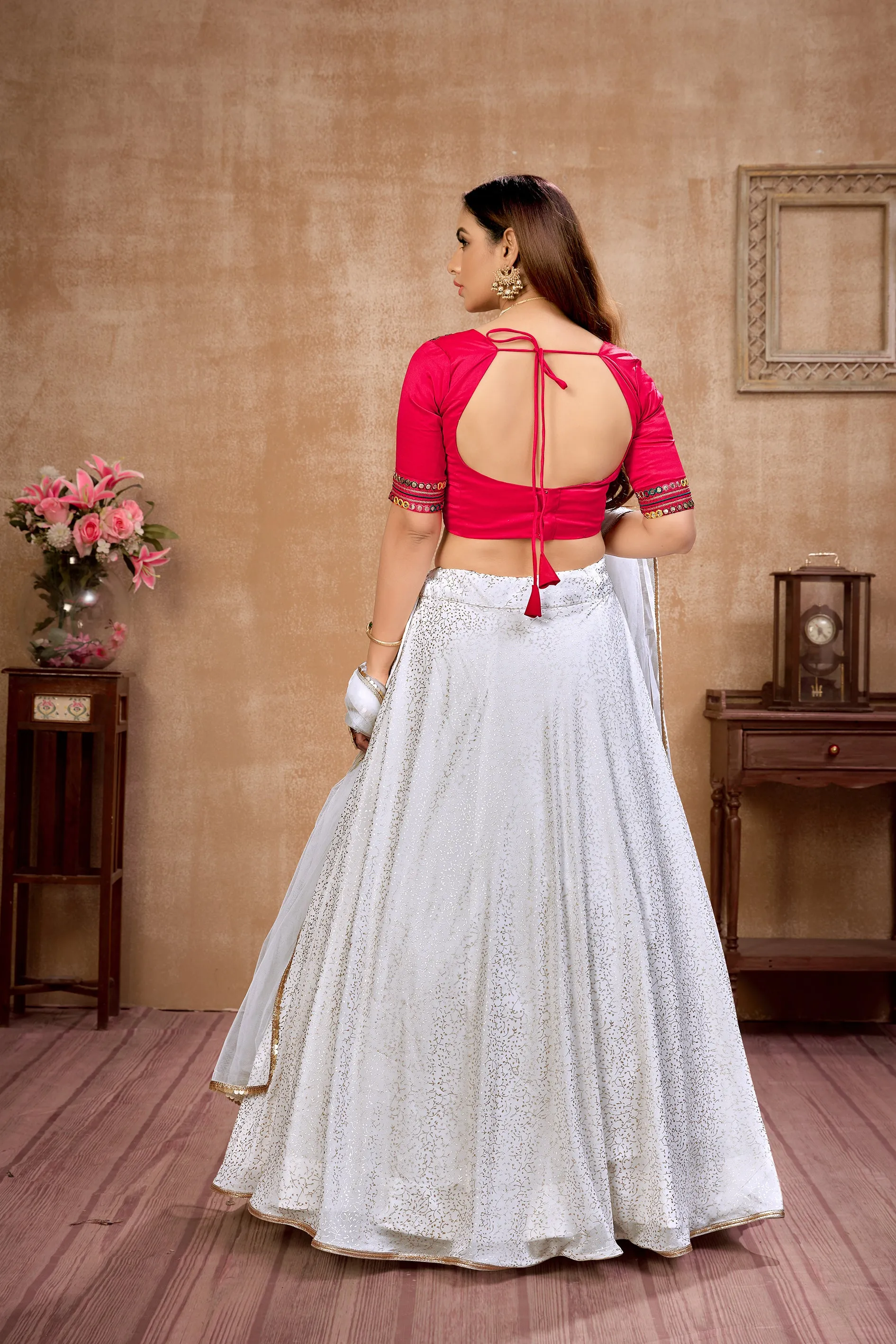 White Foil Print Georgette Wedding Wear Lehenga Choli