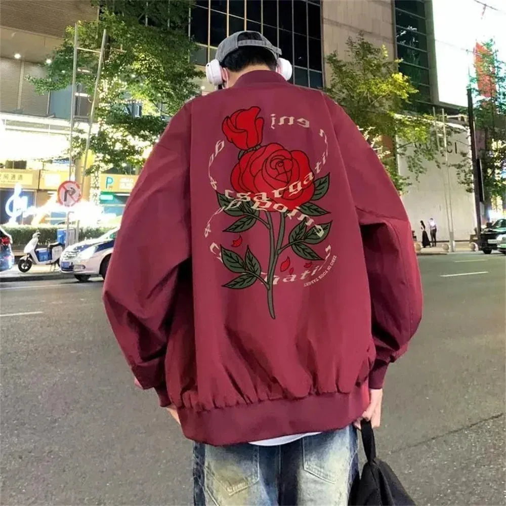 Wiaofellas  -  Wine red pilot jacket jacket jacket men's fashion spring and autumn season trendy brand rose baseball suit high-end men's clothi