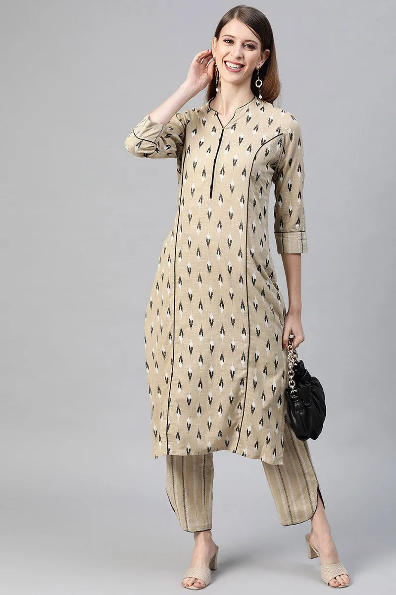 Women Beige Pure Cotton Woven Design Kurta with Trousers