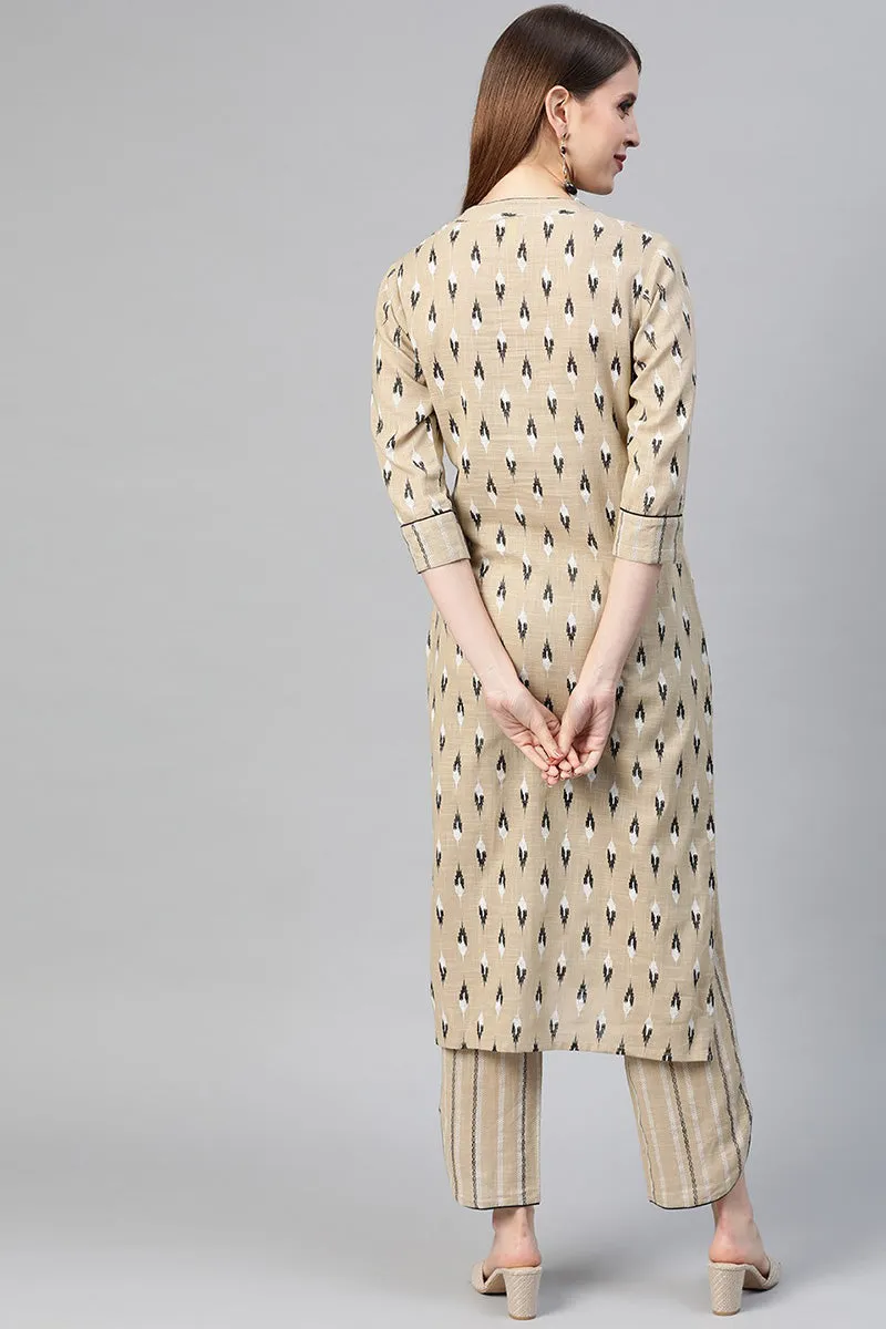 Women Beige Pure Cotton Woven Design Kurta with Trousers