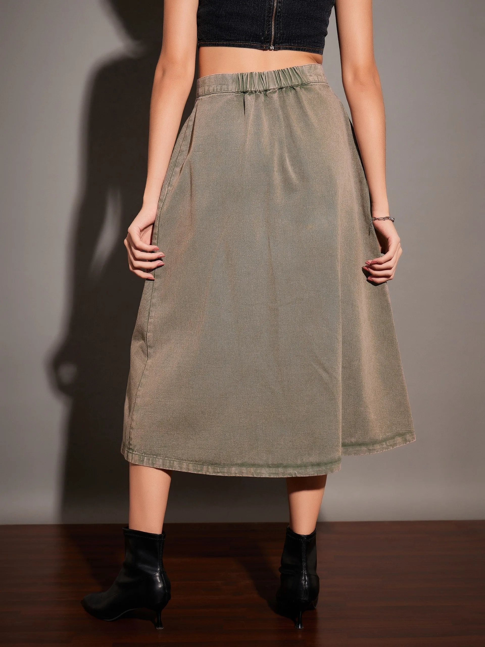 Women Beige Washed Denim A-Line Skirt