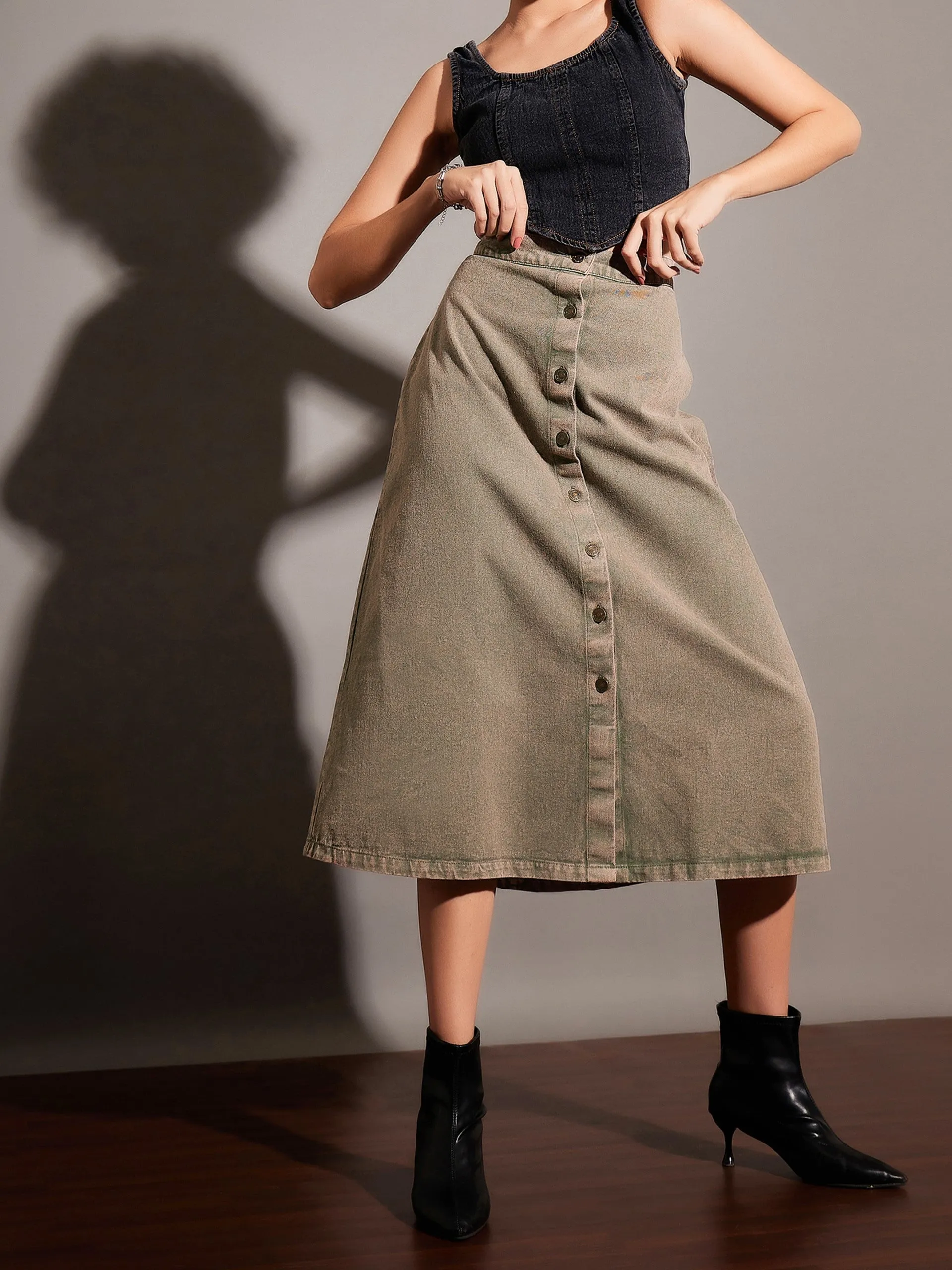 Women Beige Washed Denim A-Line Skirt