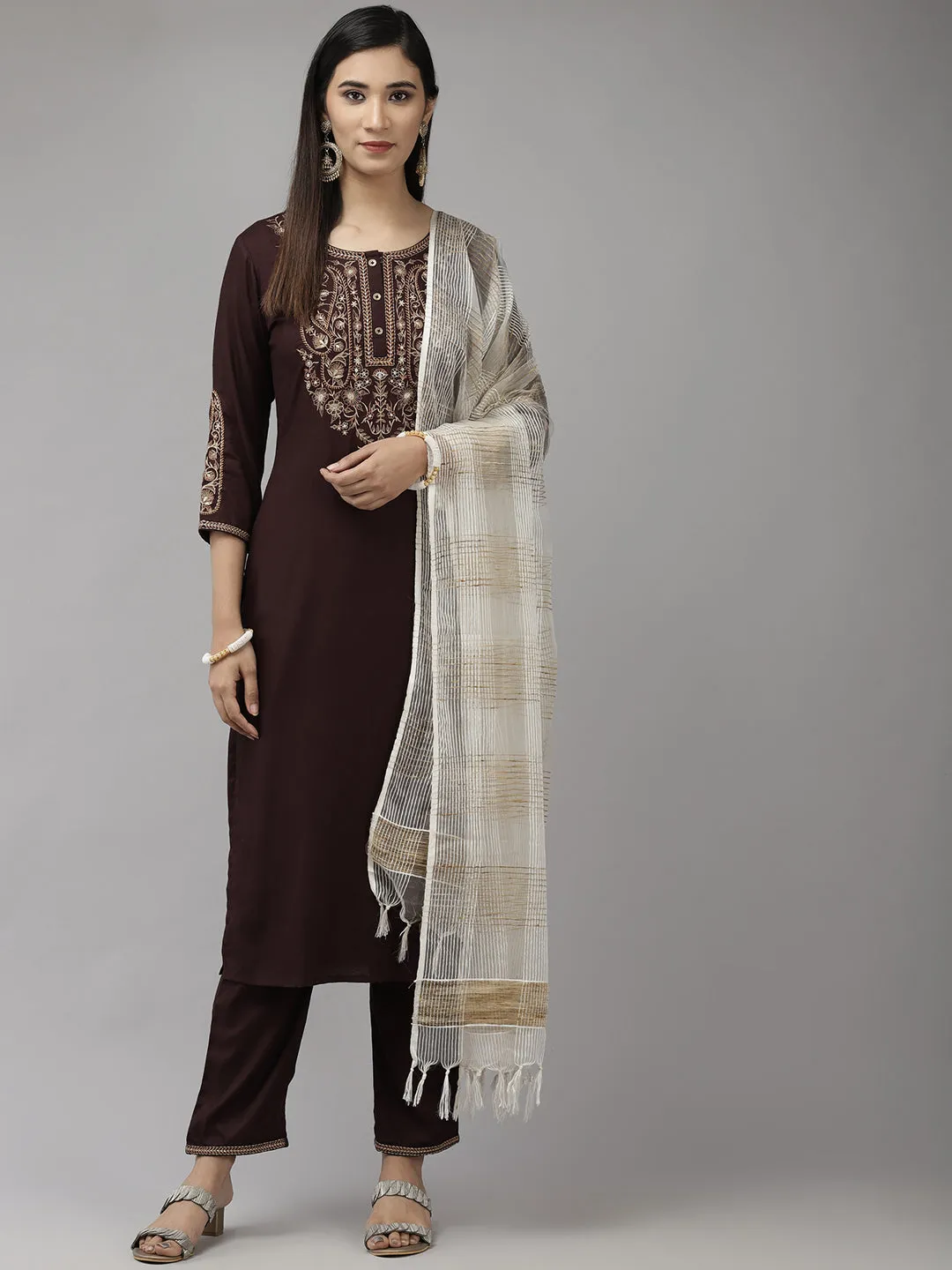 Women Brown Yoke Design Thread Work Kurta With Palazzo With Dupatta