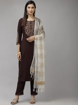 Women Brown Yoke Design Thread Work Kurta With Palazzo With Dupatta