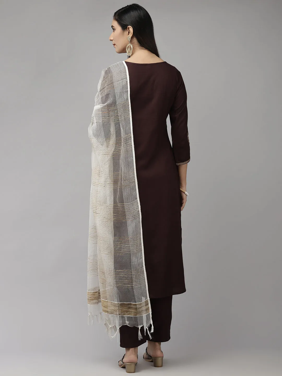 Women Brown Yoke Design Thread Work Kurta With Palazzo With Dupatta