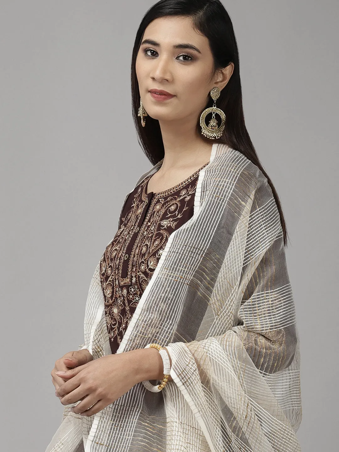 Women Brown Yoke Design Thread Work Kurta With Palazzo With Dupatta