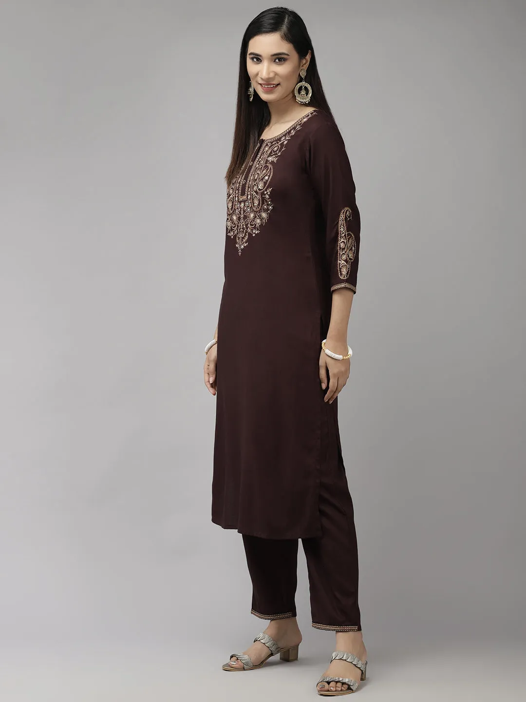 Women Brown Yoke Design Thread Work Kurta With Palazzo With Dupatta