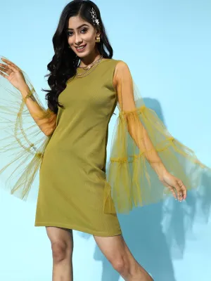 Women Green Tulle Flare Sleeve Bodycon Dress