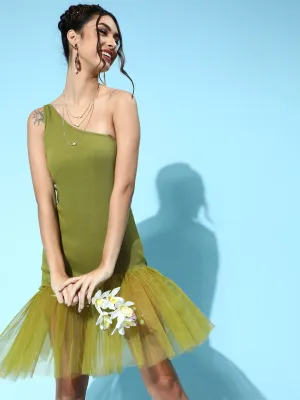 Women Green Tulle One Shoulder Dress