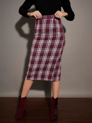 Women Maroon Yarn dyed Check Pencil Skirt