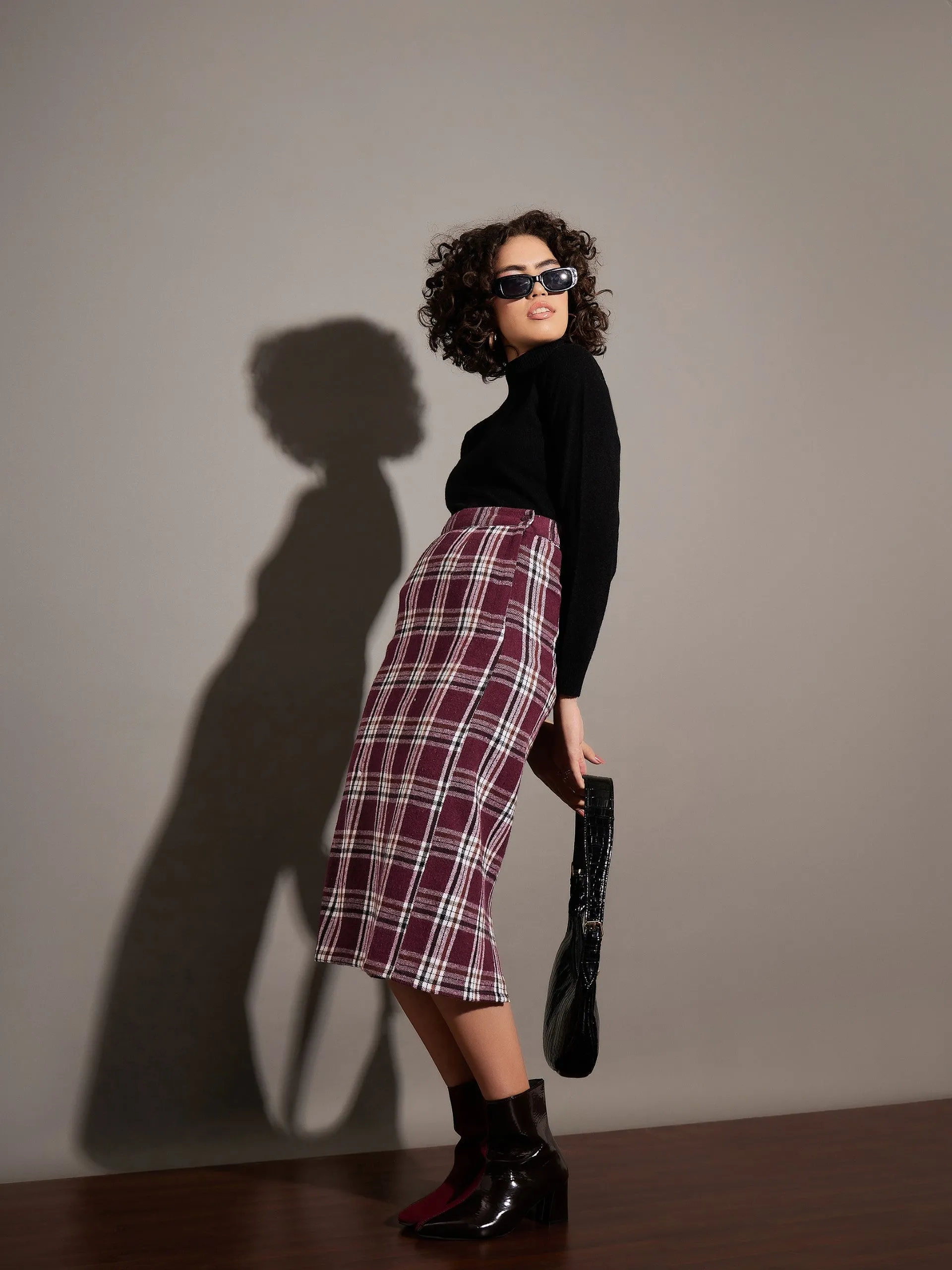 Women Maroon Yarn dyed Check Pencil Skirt