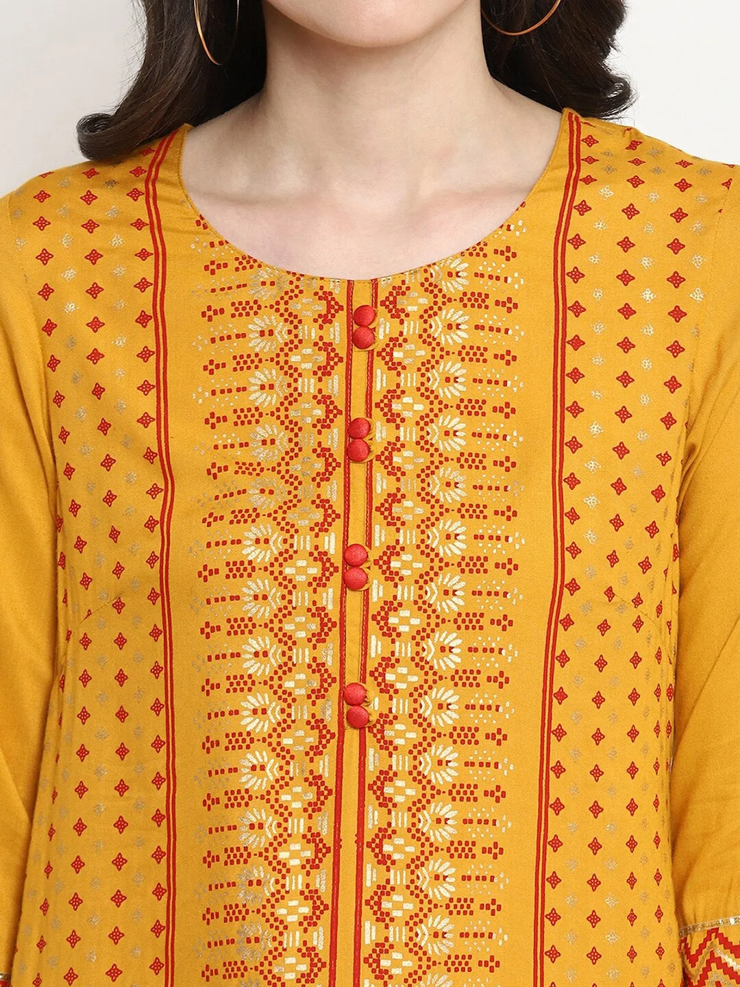 Women Mustard Yellow & Red Printed Kurta With Trousers & Dupatta