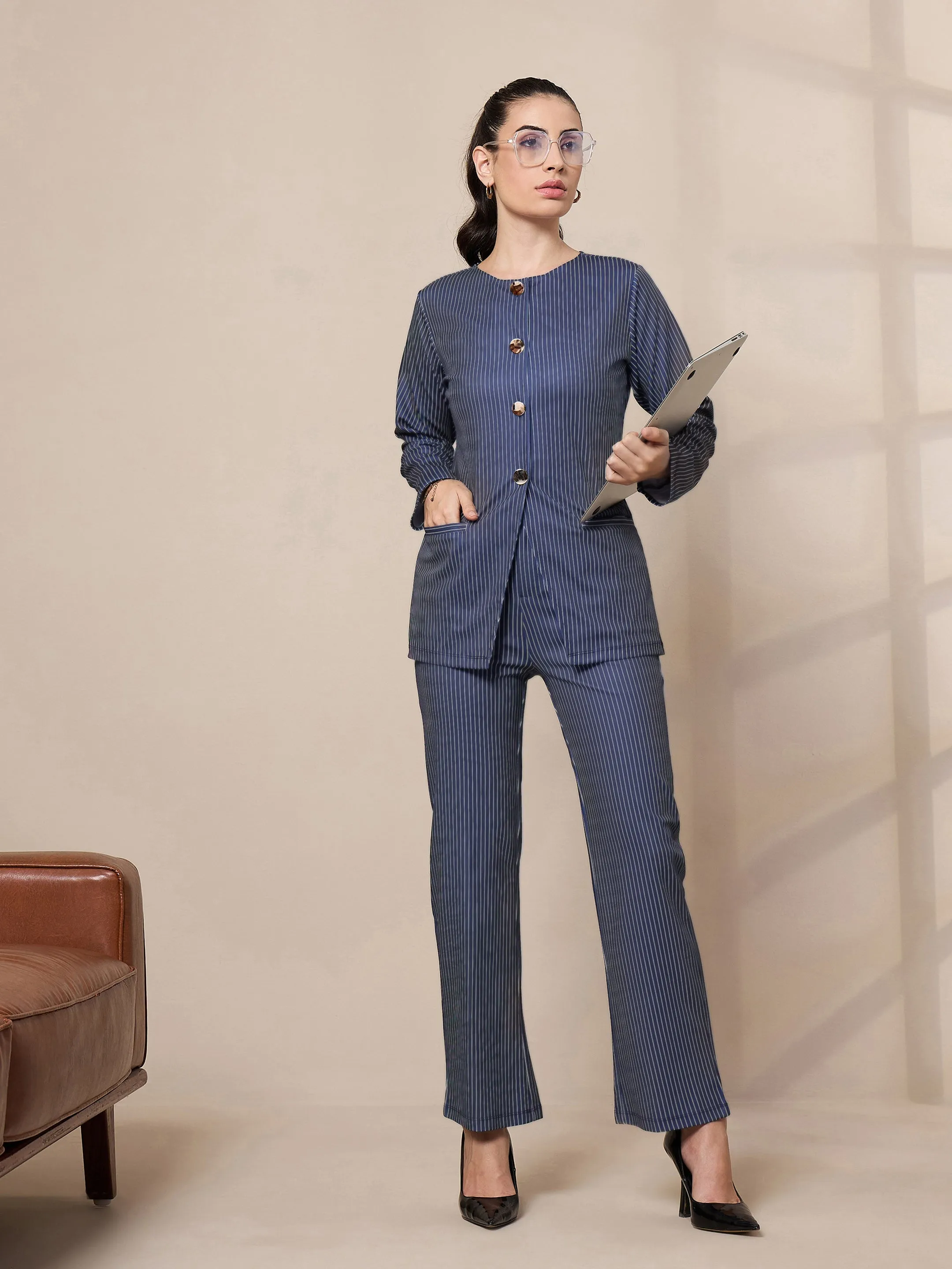 Women Navy Striped Round Neck Full Sleeve Top With Straigh Trousers