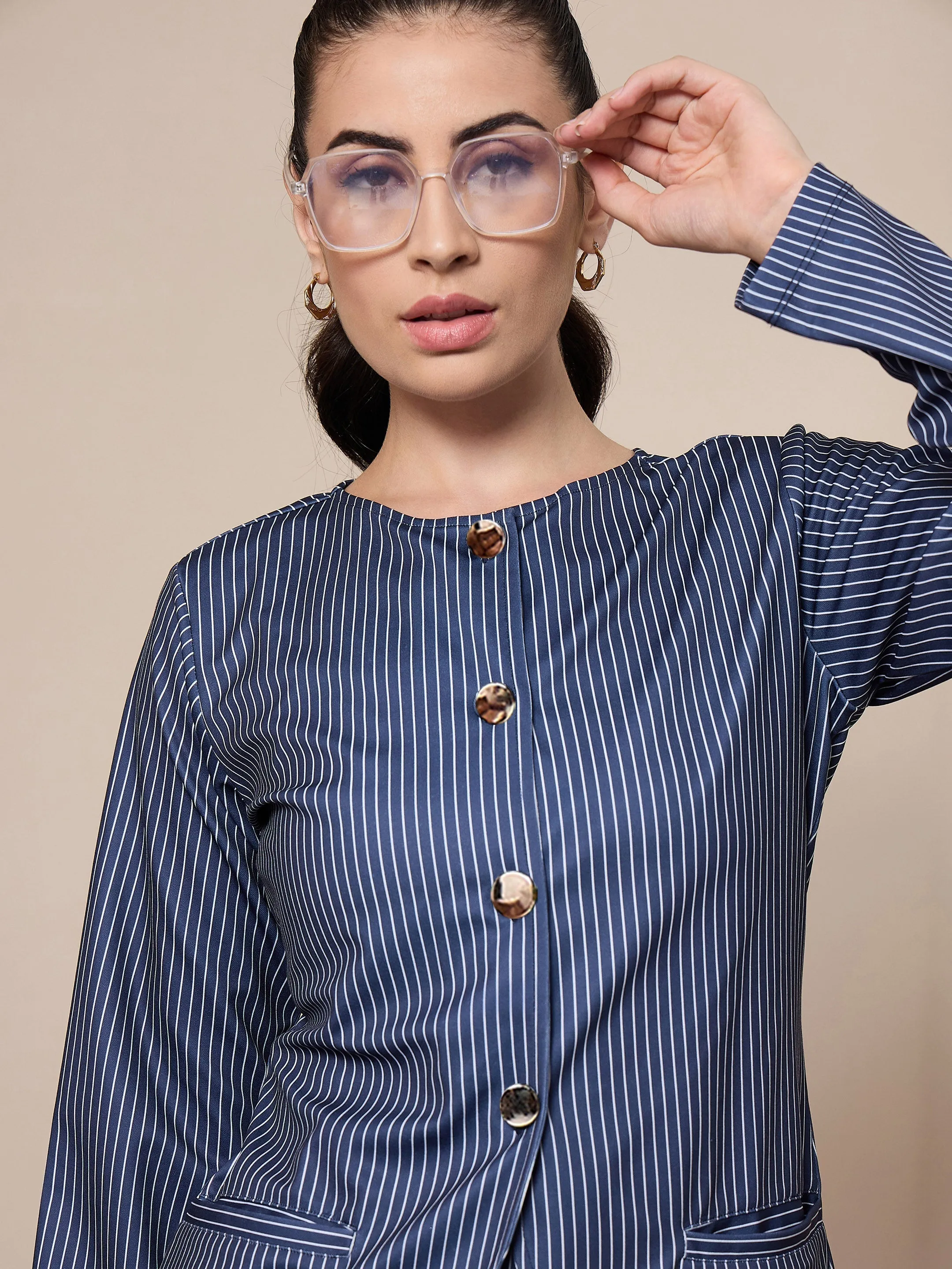 Women Navy Striped Round Neck Full Sleeve Top With Straigh Trousers