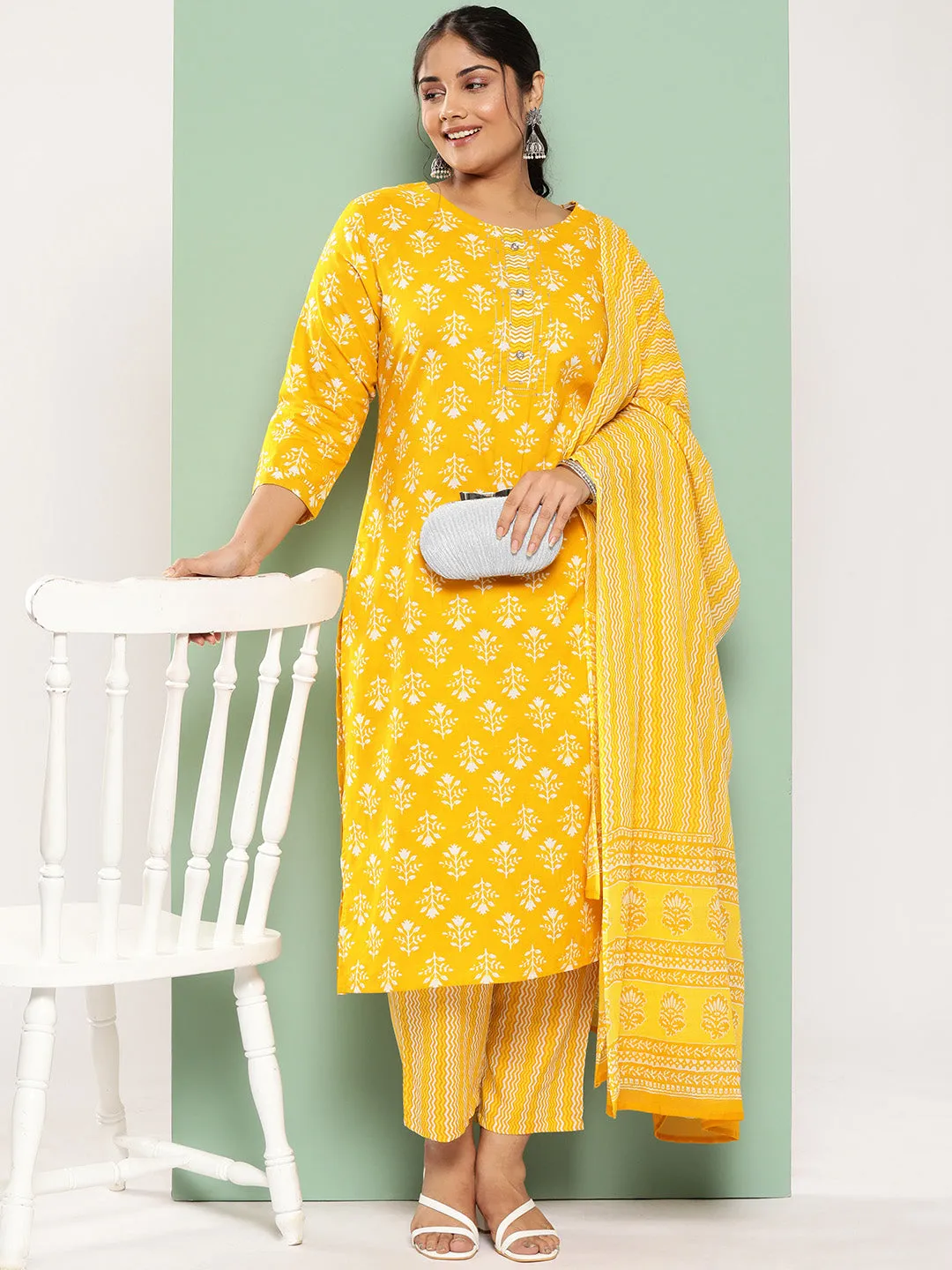 Women Plus Size Mustard  Pure Cotton Kurta Set With Dupatta