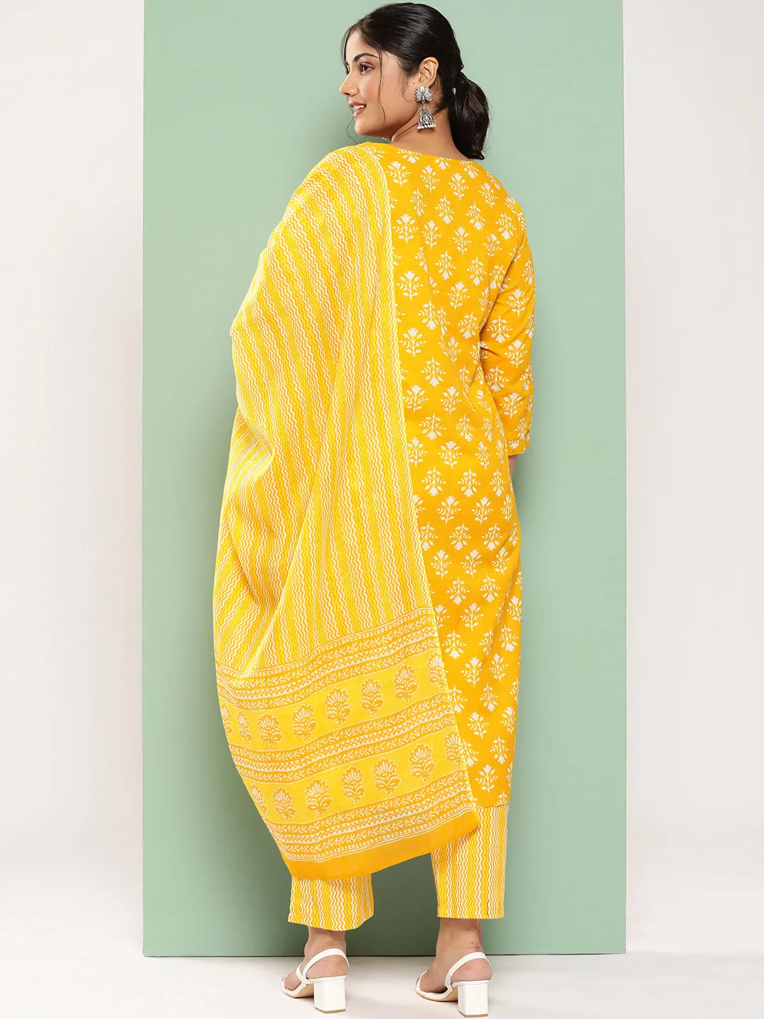 Women Plus Size Mustard  Pure Cotton Kurta Set With Dupatta