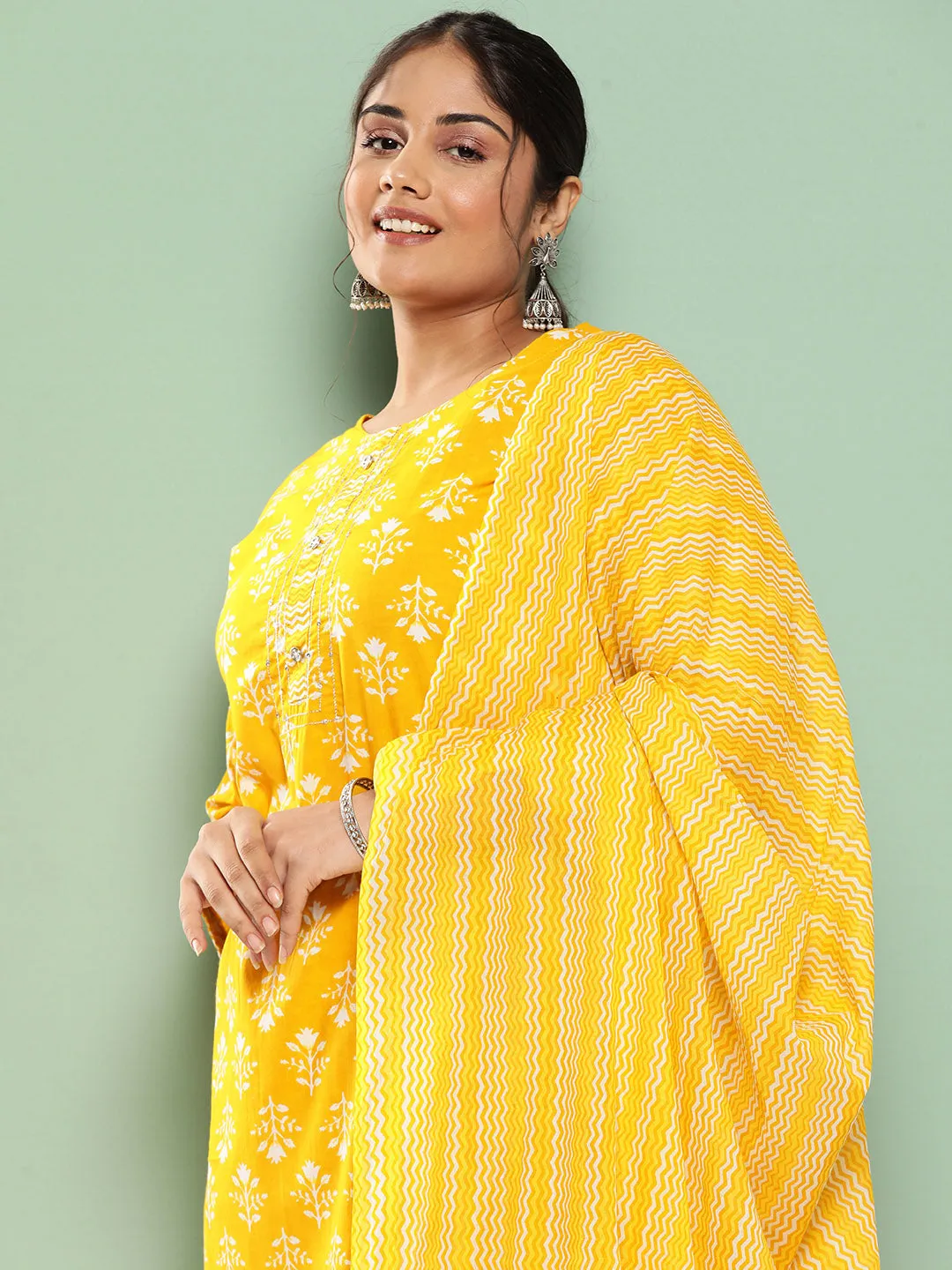 Women Plus Size Mustard  Pure Cotton Kurta Set With Dupatta