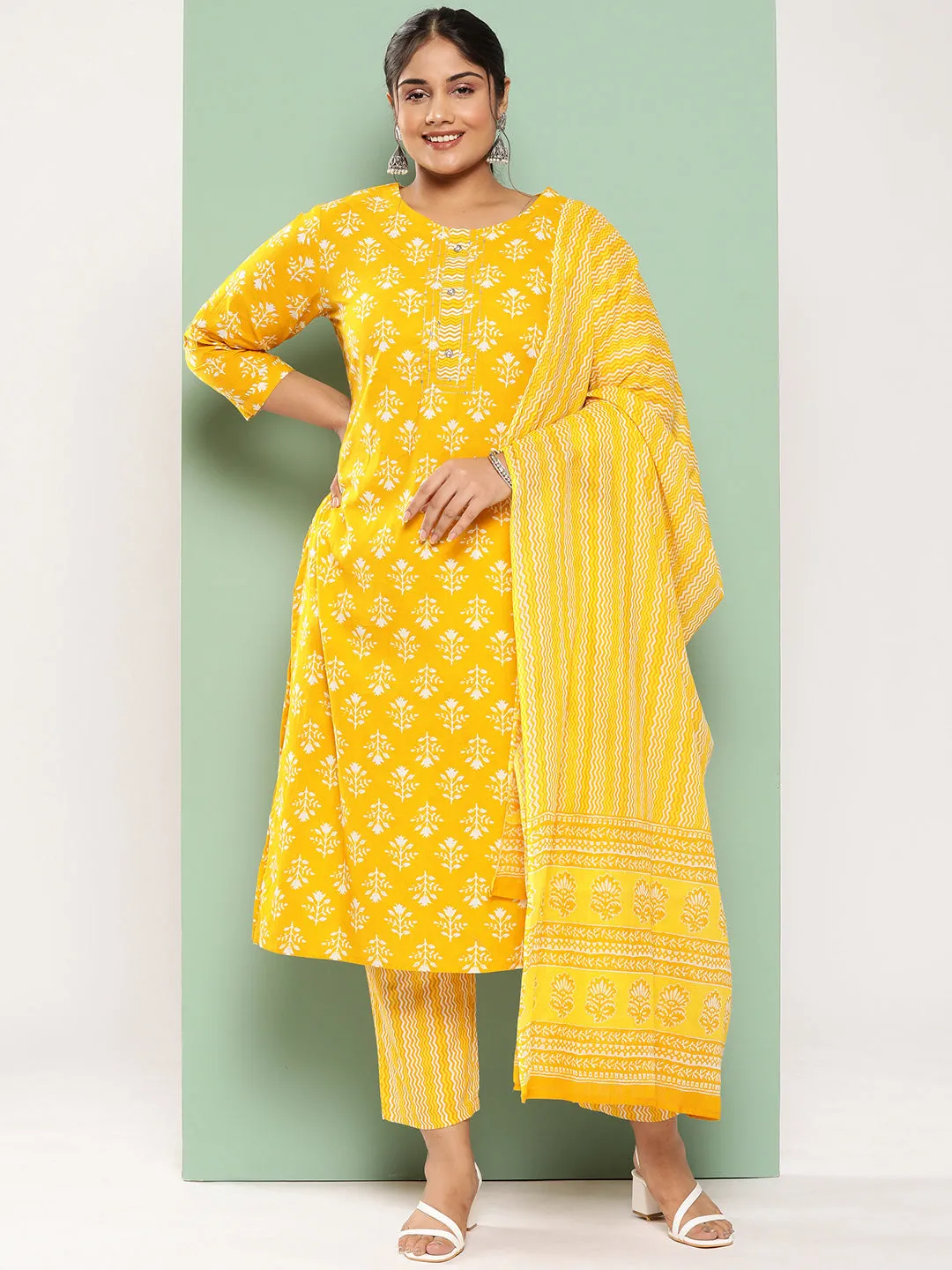 Women Plus Size Mustard  Pure Cotton Kurta Set With Dupatta