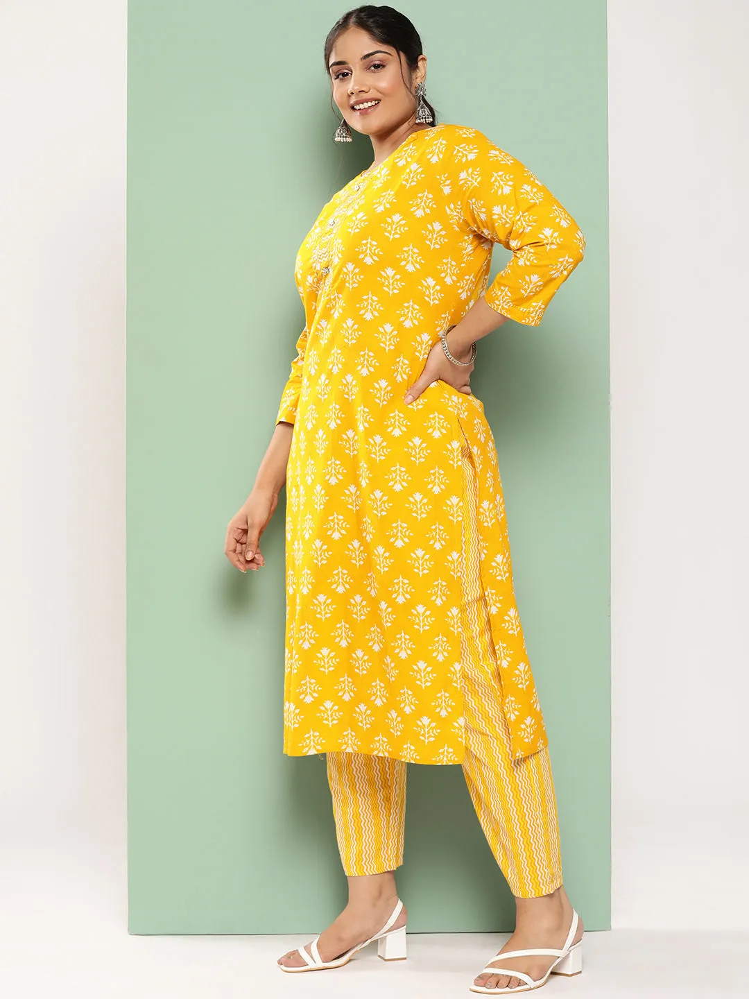 Women Plus Size Mustard  Pure Cotton Kurta Set With Dupatta