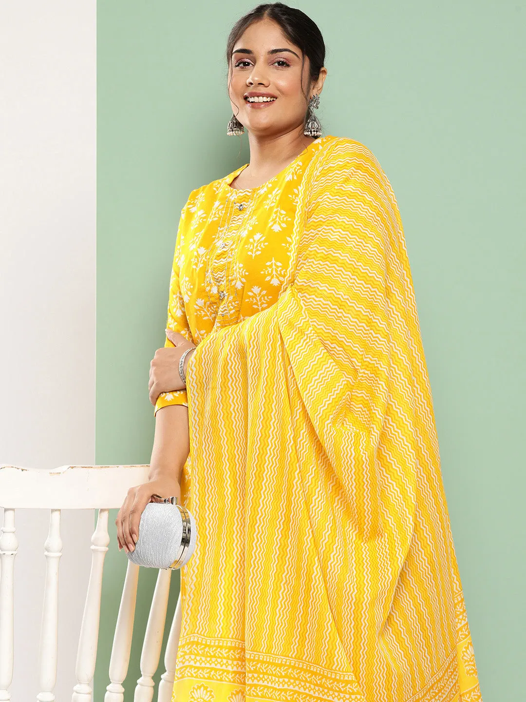 Women Plus Size Mustard  Pure Cotton Kurta Set With Dupatta