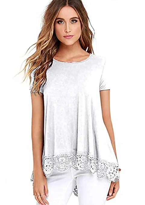 Women Short Sleeve Tunic Tops Lace Hem T Shirt Dress Loose Fit O Neck Dressy Blouse