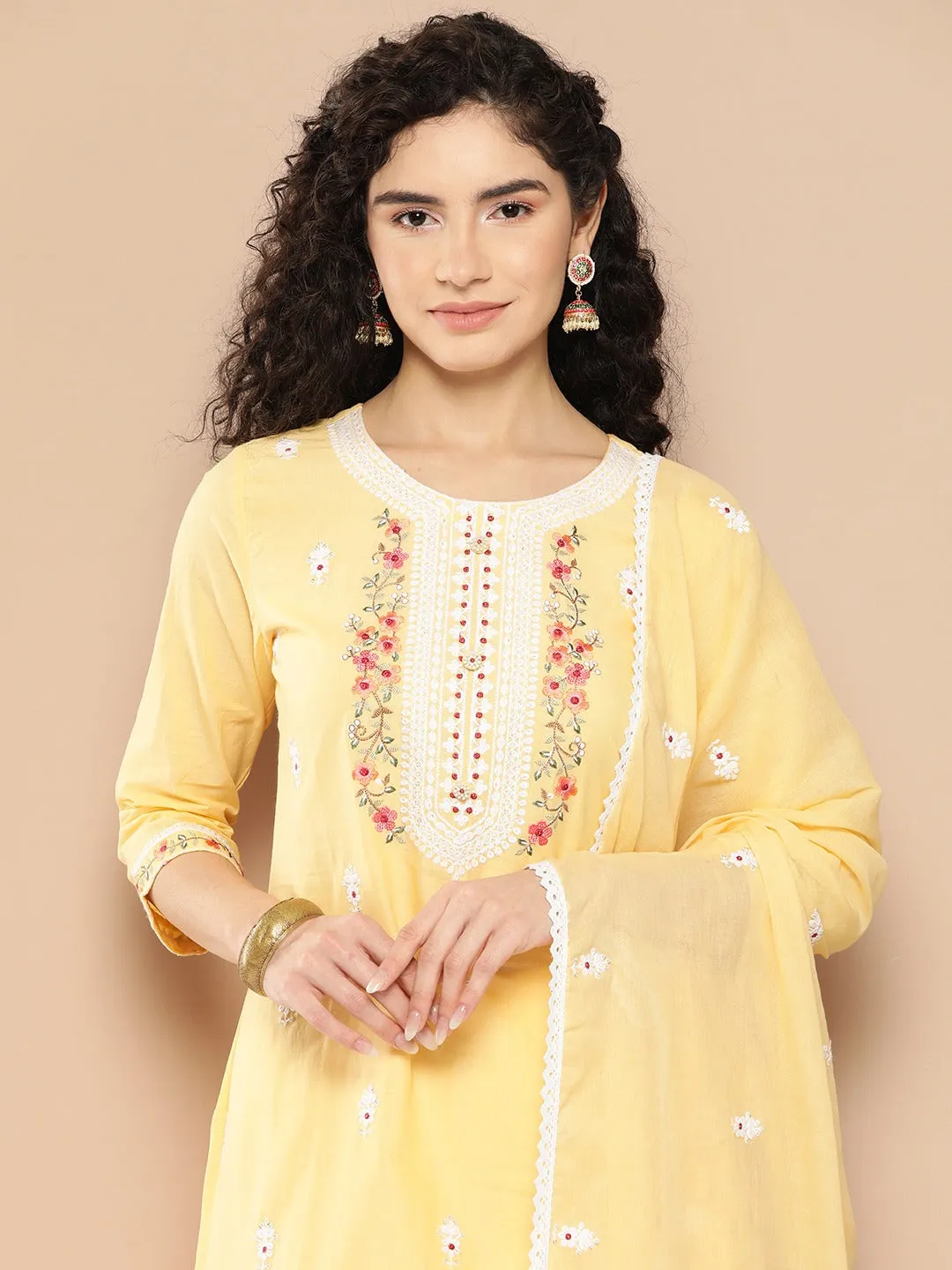 Yellow Floral Thread Work Cotton Kurta Dupatta Set